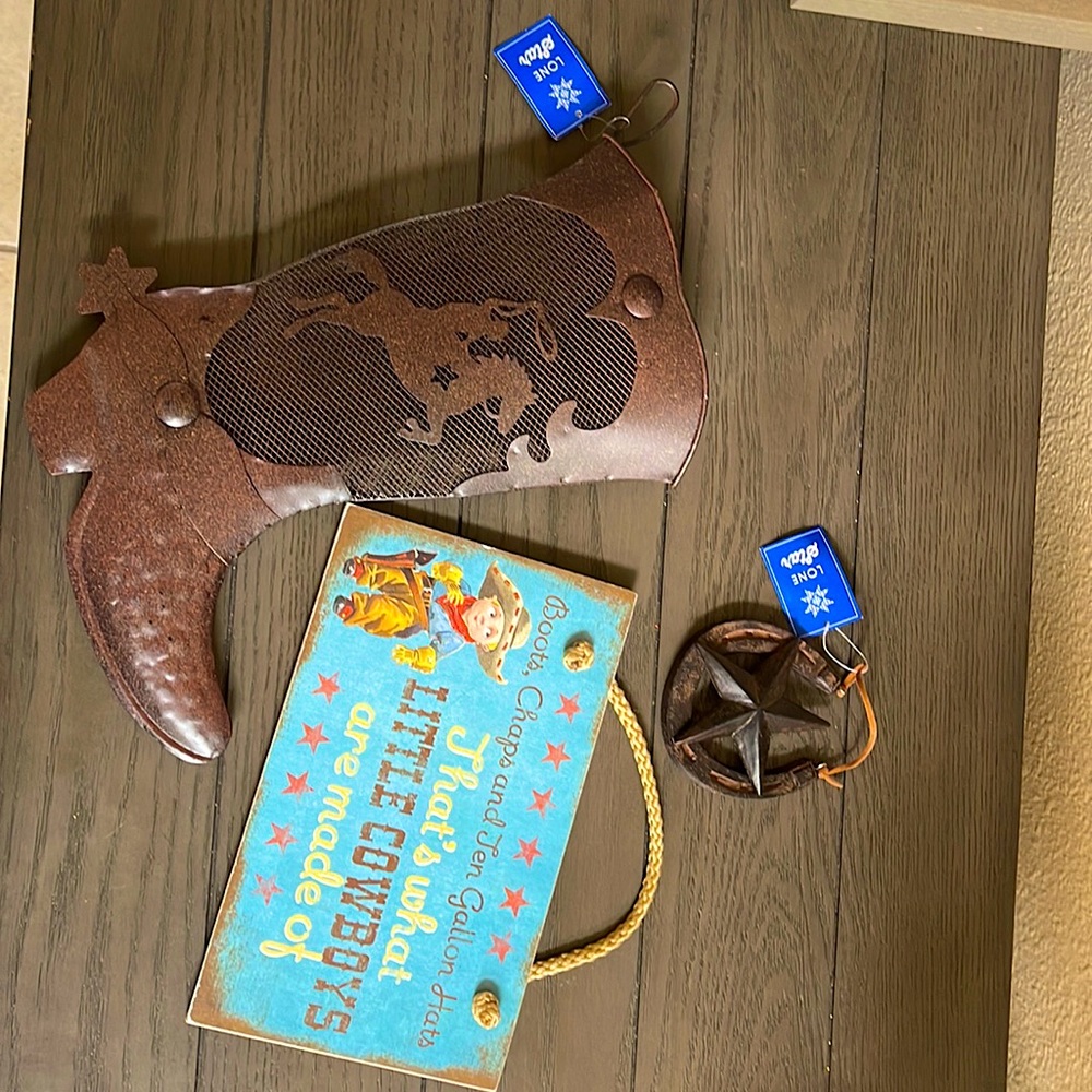 Wall Decor: Cowboy Boot, Horseshoe Ornament, and Little Boy southern Sign.